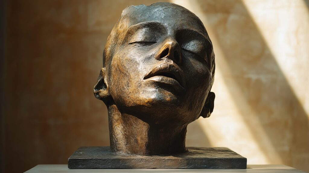 Bronze sculpture of a woman's head displayed in art gallery
