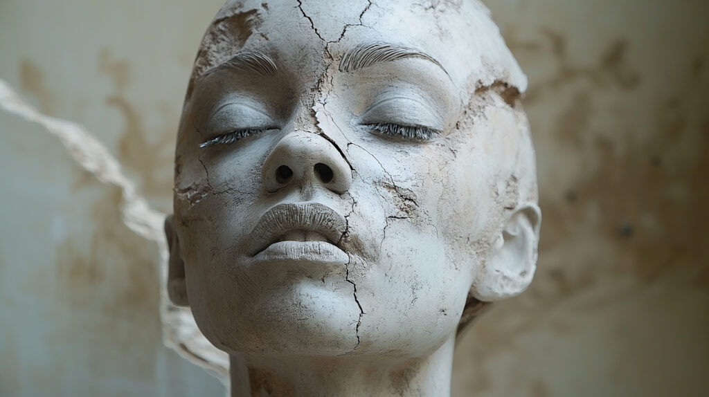 The girl's face is a portrait of a statue with three names